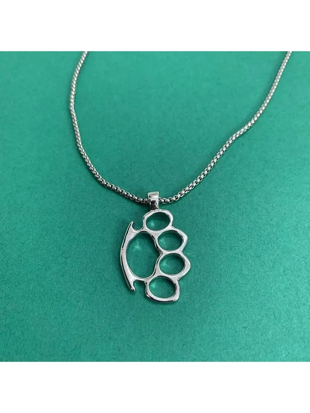 Cyber Grunge y2k Brass Knuckle Stainless Steel Silver Necklace. Chain is
